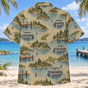 Back view of Contour Map Pontoon Boating Hawaiian Shirt with matching pontoon boating artwork in olive, parchment, muted blue, rust