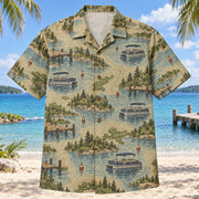 Front view of Contour Map Pontoon Boating Hawaiian Shirt with subtle map-style contour lines and generic pontoon boats, lake docks, buoys and calm-water ripples