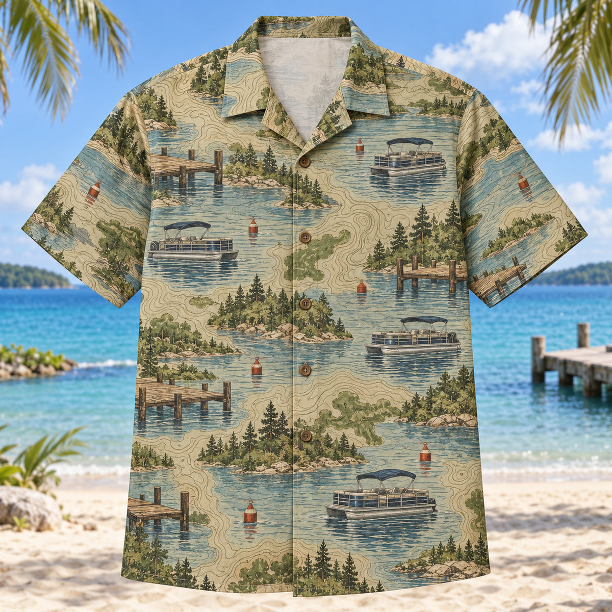 Front view of Contour Map Pontoon Boating Hawaiian Shirt with subtle map-style contour lines and generic pontoon boats, lake docks, buoys and calm-water ripples