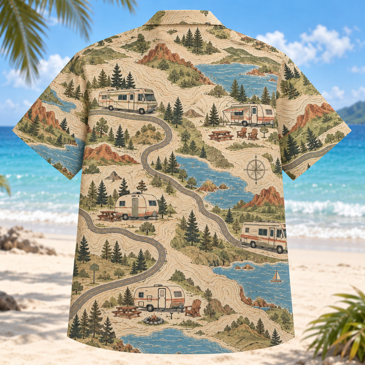 Back view of Contour Map RV and Travel Trailer Hawaiian Shirt with matching rv and travel trailer artwork in olive, parchment, muted blue, rust