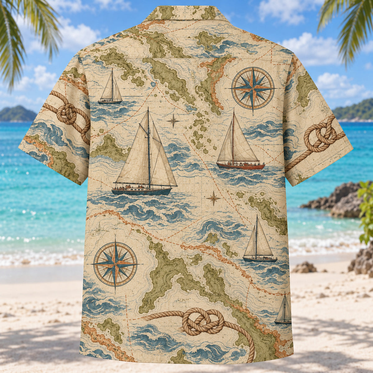 Back view of Contour Map Sailing Hawaiian Shirt with matching sailing artwork in olive, parchment, muted blue, rust