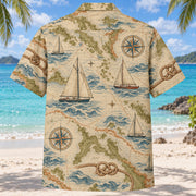 Back view of Contour Map Sailing Hawaiian Shirt with matching sailing artwork in olive, parchment, muted blue, rust