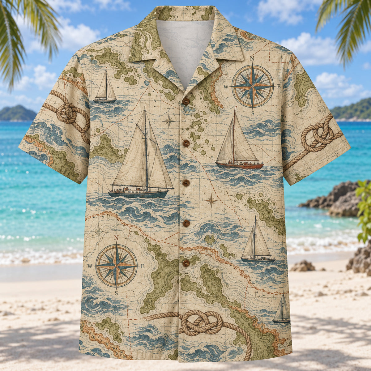 Front view of Contour Map Sailing Hawaiian Shirt with subtle map-style contour lines and imaginary sailboats, knots, compasses and wave forms