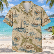 Front view of Contour Map Sailing Hawaiian Shirt with subtle map-style contour lines and imaginary sailboats, knots, compasses and wave forms