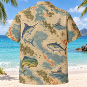 Back view of Contour Map Saltwater Fishing Hawaiian Shirt with matching saltwater fishing artwork in olive, parchment, muted blue, rust