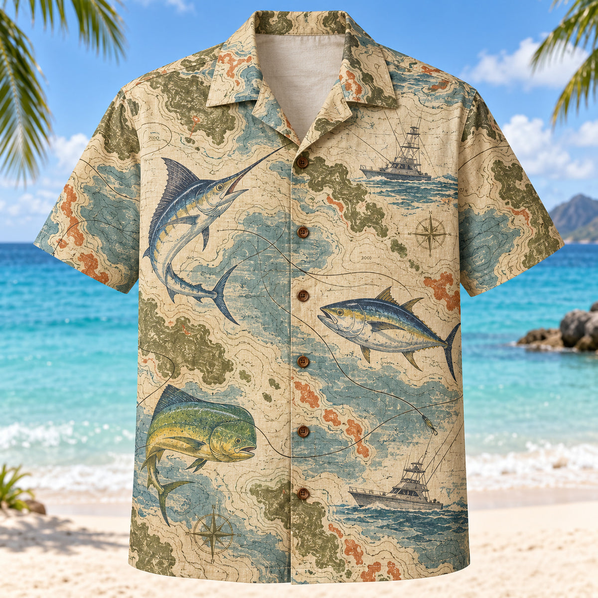 Front view of Contour Map Saltwater Fishing Hawaiian Shirt with subtle map-style contour lines and original marlin, tuna and mahi-mahi silhouettes, fishing lines and imaginary offshore boats