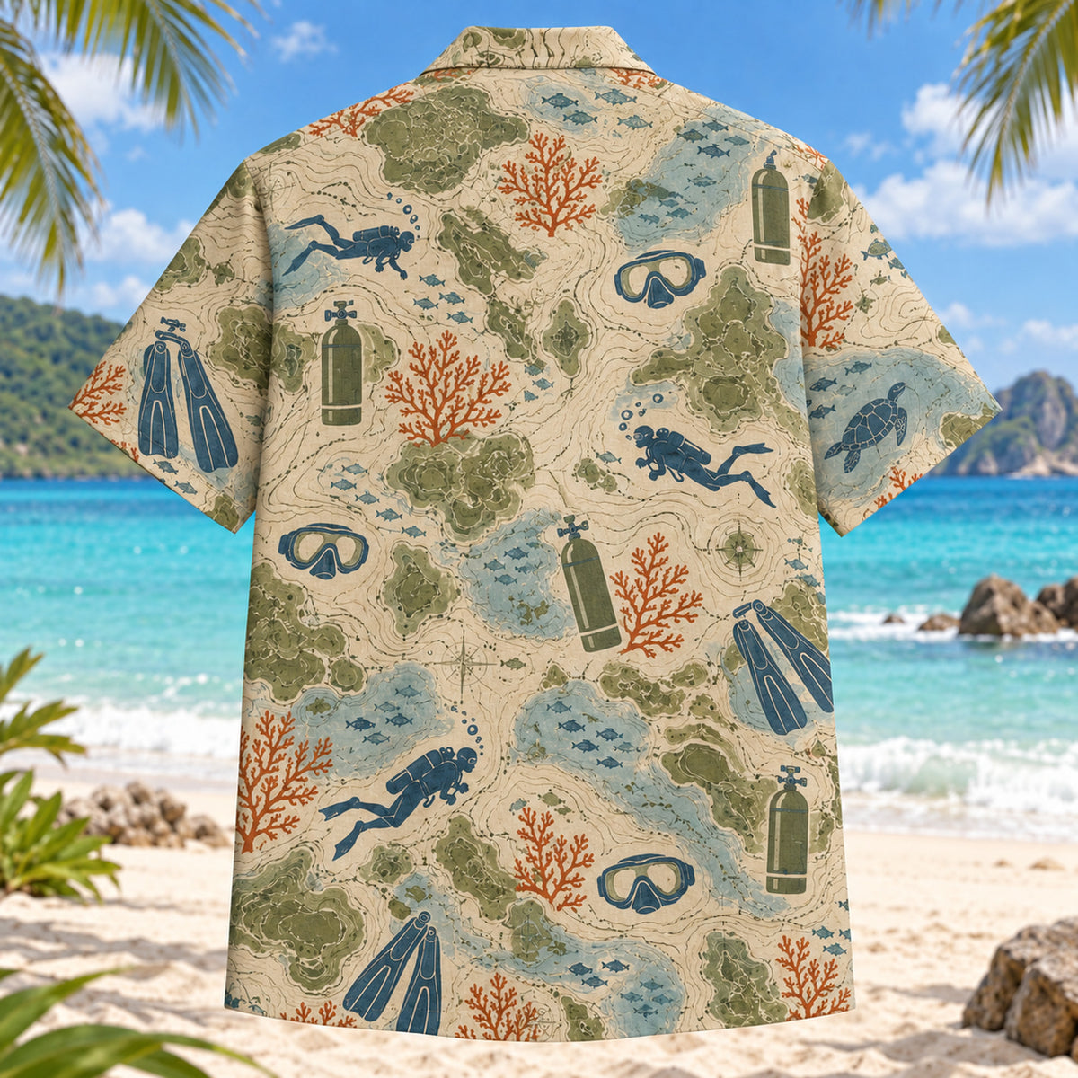 Back view of Contour Map Scuba Diving Hawaiian Shirt with matching scuba diving artwork in olive, parchment, muted blue, rust