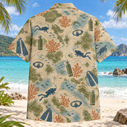 Back view of Contour Map Scuba Diving Hawaiian Shirt with matching scuba diving artwork in olive, parchment, muted blue, rust