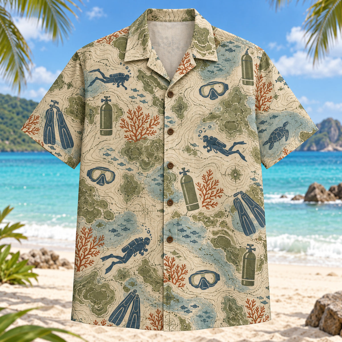 Front view of Contour Map Scuba Diving Hawaiian Shirt with subtle map-style contour lines and generic masks, fins, air tanks, small diver silhouettes and original coral forms