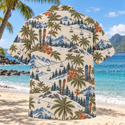 Back view of Contour Map Ski and Snowboard Hawaiian Shirt with matching ski and snowboard artwork in olive, parchment, muted blue, rust