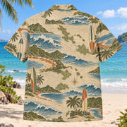 Back view of Contour Map Surfing Hawaiian Shirt with matching surfing artwork in olive, parchment, muted blue, rust
