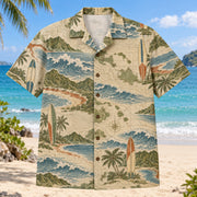 Front view of Contour Map Surfing Hawaiian Shirt with subtle map-style contour lines and unbranded surfboards, rolling waves and curved shorelines