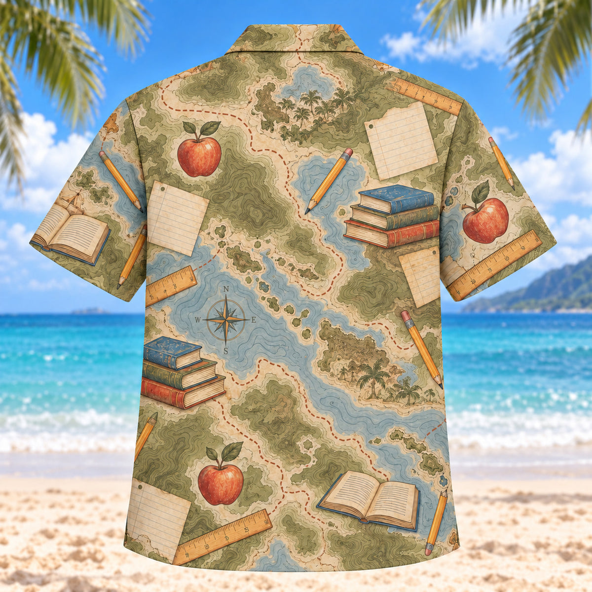 Back view of Contour Map Teacher Hawaiian Shirt with matching teacher artwork in olive, parchment, muted blue, rust