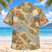 Back view of Contour Map Teacher Hawaiian Shirt with matching teacher artwork in olive, parchment, muted blue, rust