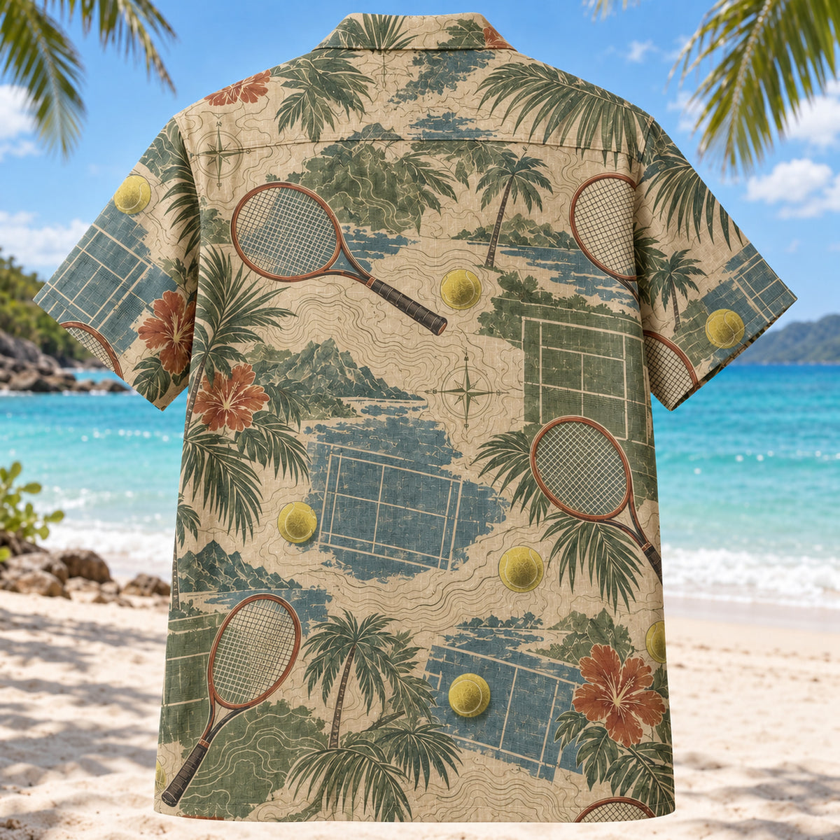 Back view of Contour Map Tennis Hawaiian Shirt with matching tennis artwork in olive, parchment, muted blue, rust