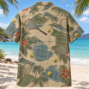 Back view of Contour Map Tennis Hawaiian Shirt with matching tennis artwork in olive, parchment, muted blue, rust
