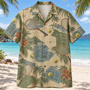 Front view of Contour Map Tennis Hawaiian Shirt with subtle map-style contour lines and unbranded tennis rackets, fuzzy yellow balls and tennis court linework