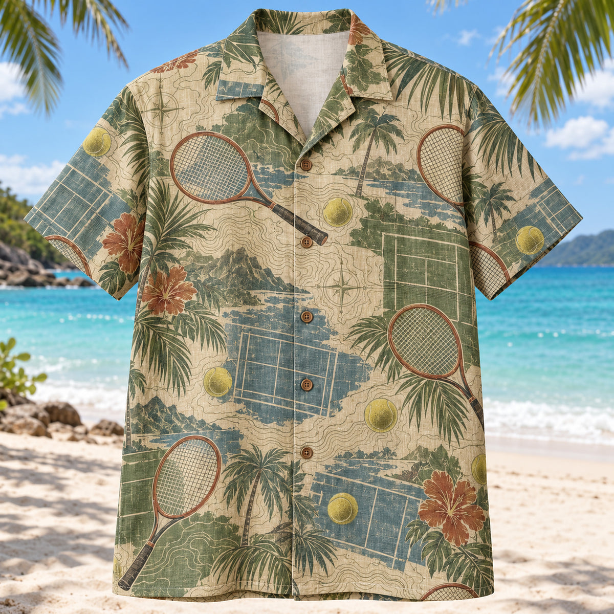 Front view of Contour Map Tennis Hawaiian Shirt with subtle map-style contour lines and unbranded tennis rackets, fuzzy yellow balls and tennis court linework