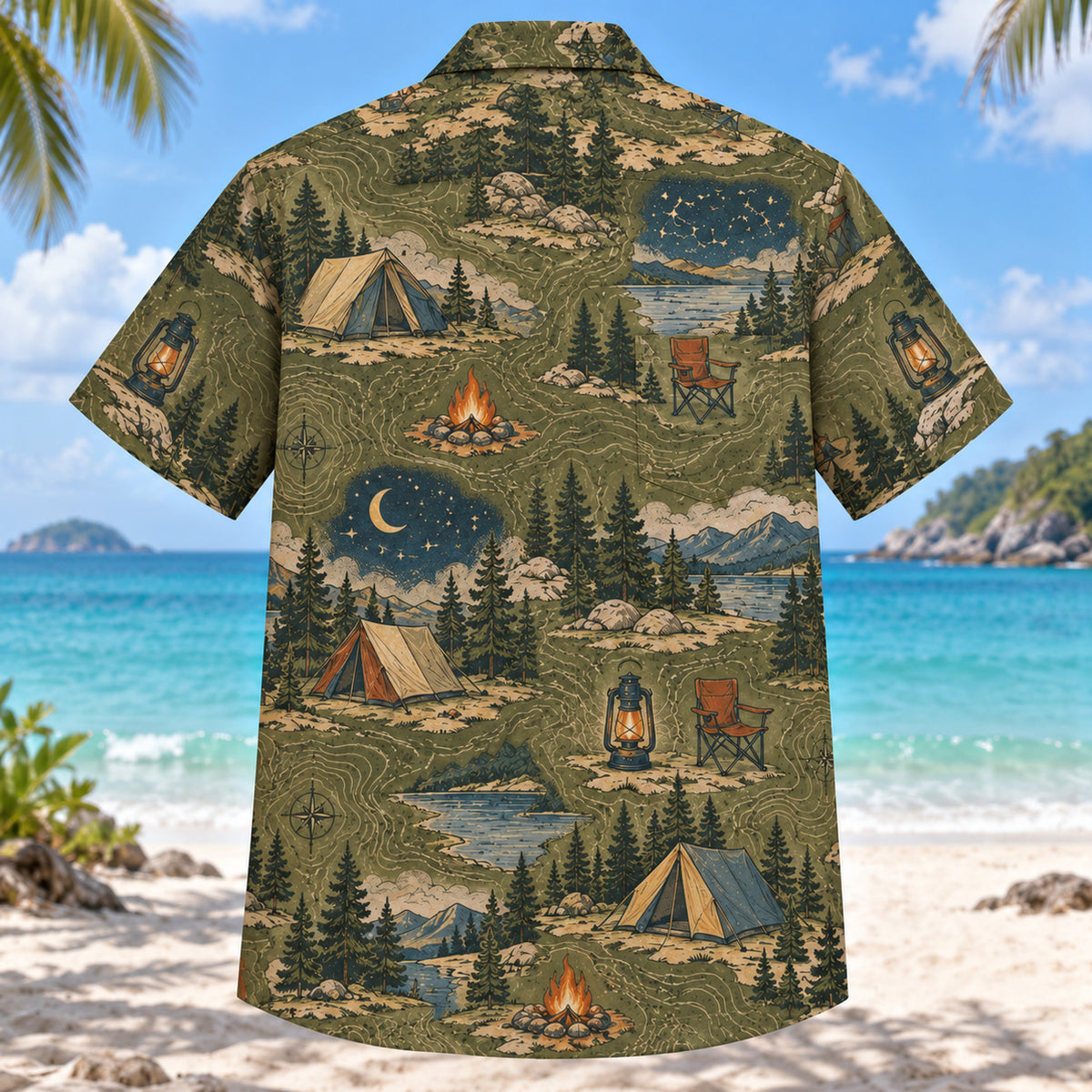 Back view of Contour Map Tent Camping Hawaiian Shirt with matching tent camping artwork in olive, parchment, muted blue, rust