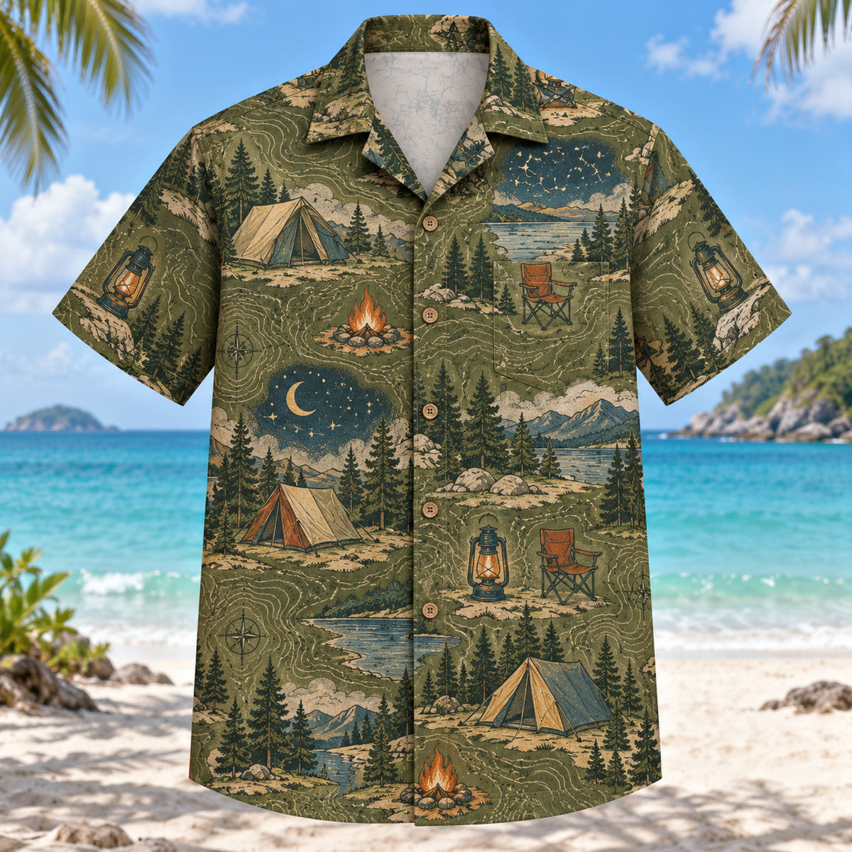 Front view of Contour Map Tent Camping Hawaiian Shirt with subtle map-style contour lines and generic tents, camp lanterns, campfires, chairs and woodland night skies