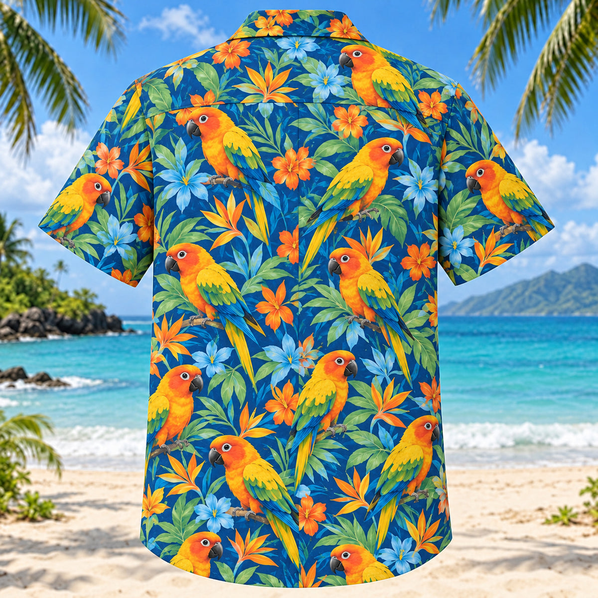 Back view of Conure Confetti Parrot Hawaiian Shirt with matching pet parrot artwork in orange, lime, sky blue, navy