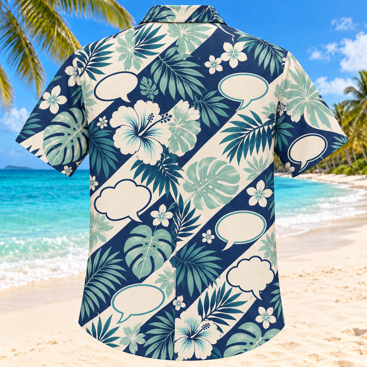 Back view of Conversation Coast Navy Speech-Language Pathologist Hawaiian Shirt with matching artwork in navy, aqua, warm cream