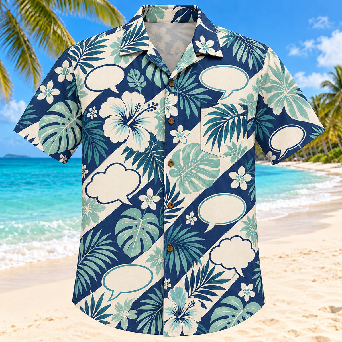 Front view of Conversation Coast Navy Speech-Language Pathologist Hawaiian Shirt with original blank dialogue bubbles and coastal botanicals in a large focal motifs with small botanical echoes