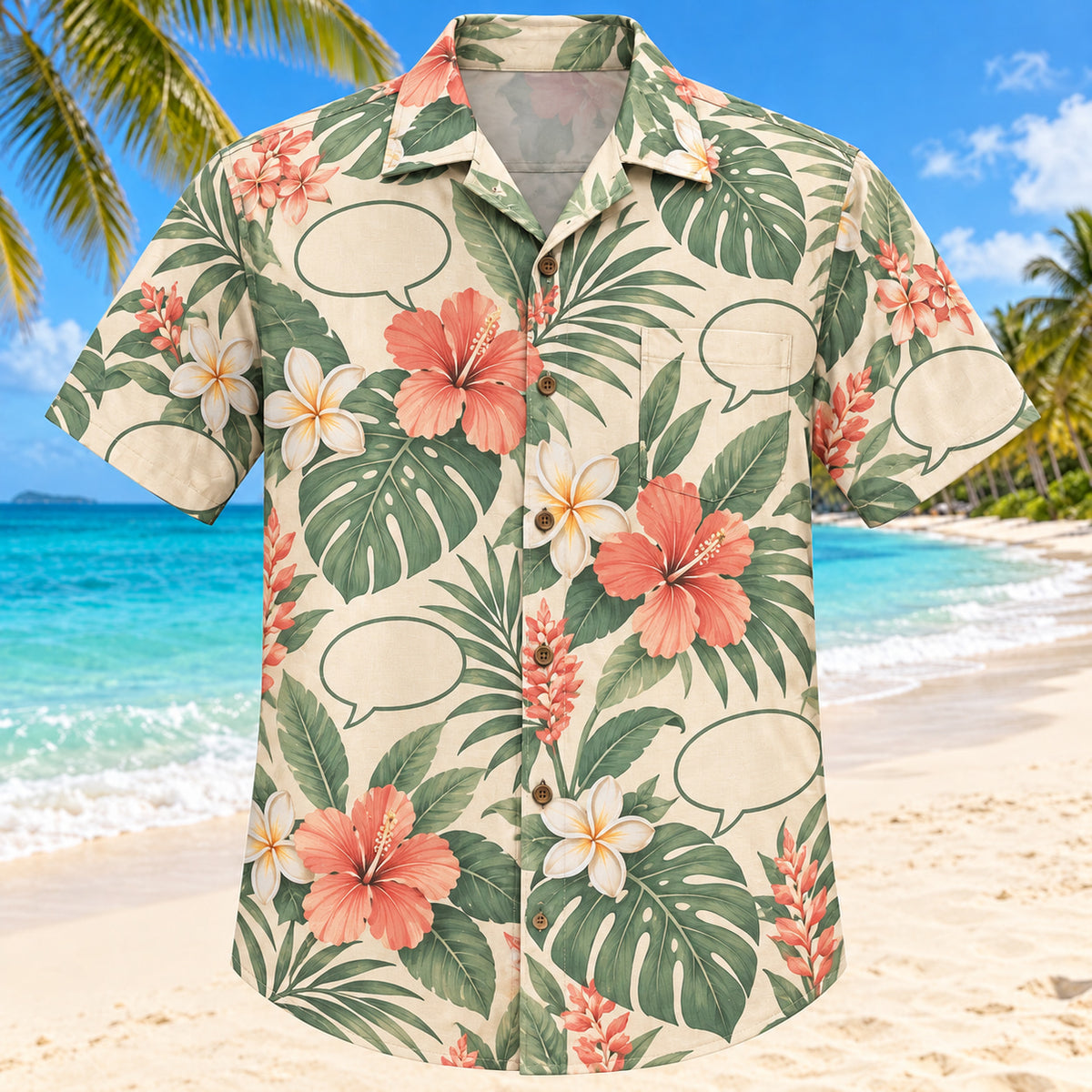 Front view of Conversation Coast Sage Speech-Language Pathologist Hawaiian Shirt with original blank dialogue bubbles and coastal botanicals in a relaxed botanical clusters