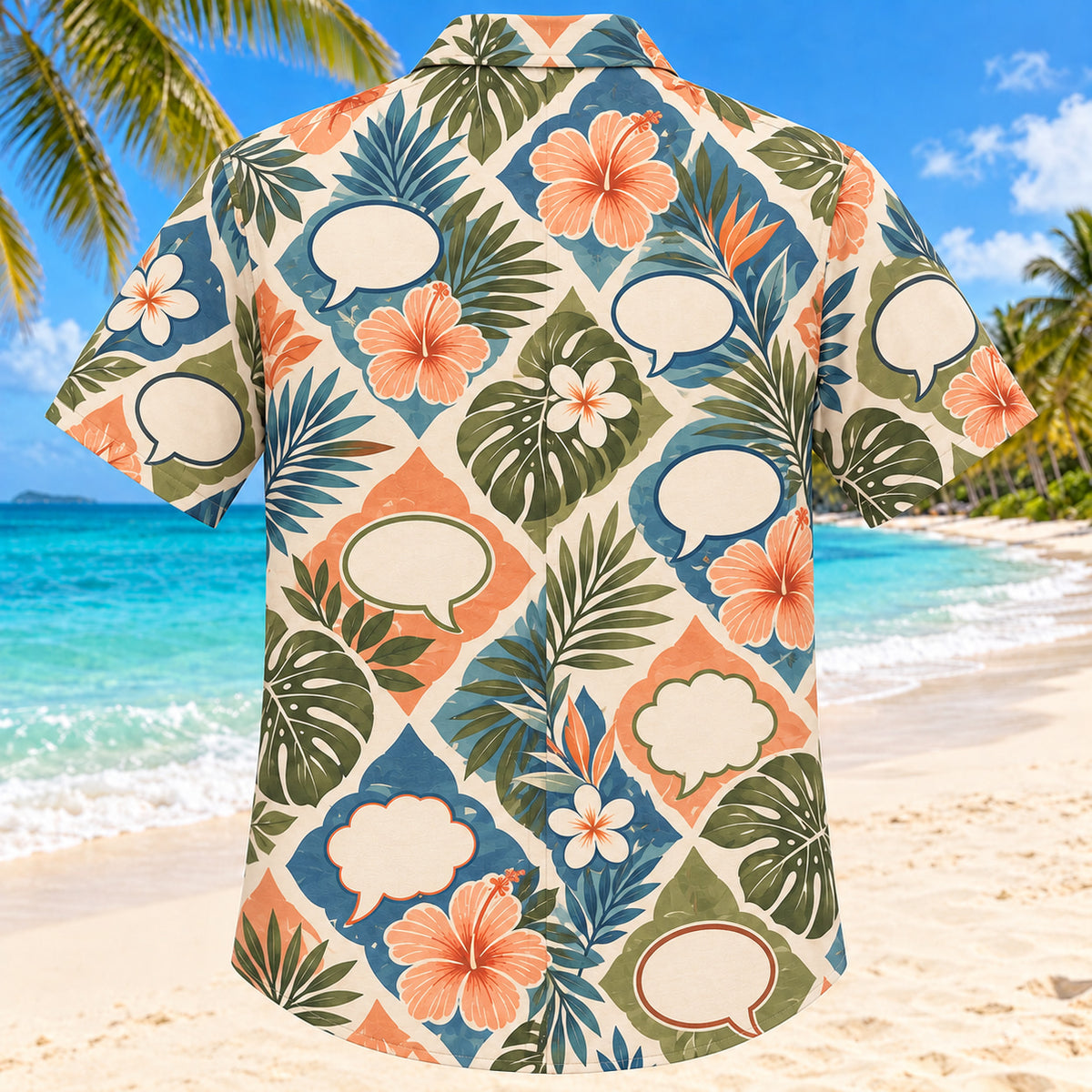 Back view of Conversation Coast Sunset Speech-Language Pathologist Hawaiian Shirt with matching artwork in sunset peach, sea blue, olive