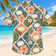 Back view of Conversation Coast Sunset Speech-Language Pathologist Hawaiian Shirt with matching artwork in sunset peach, sea blue, olive