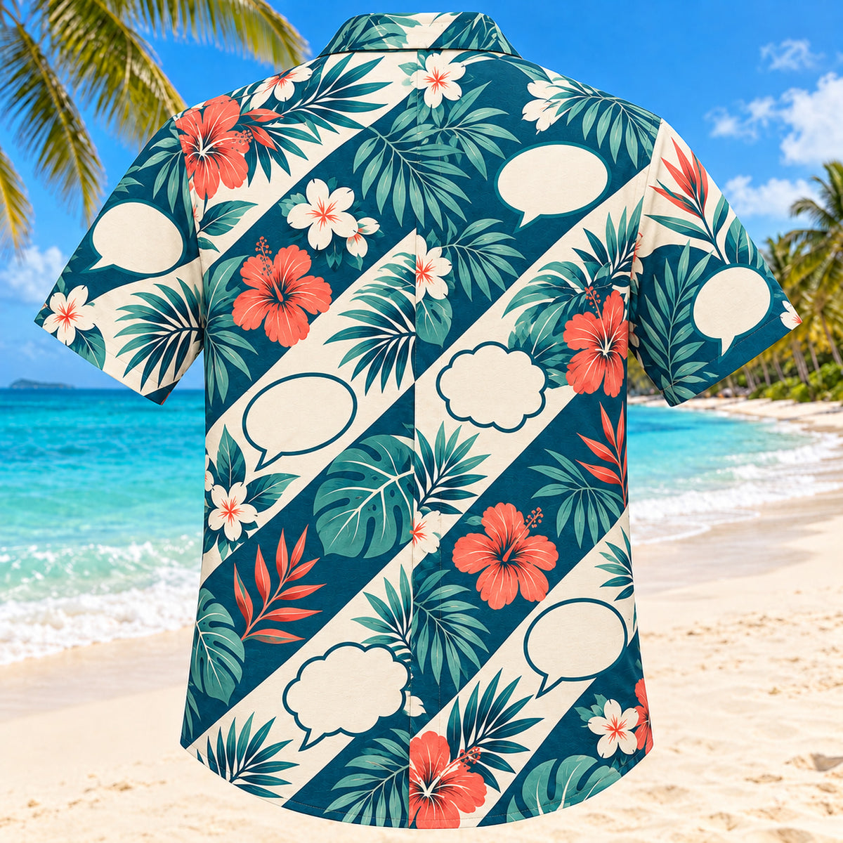 Back view of Conversation Coast Teal Speech-Language Pathologist Hawaiian Shirt with matching artwork in deep teal, ivory, coral