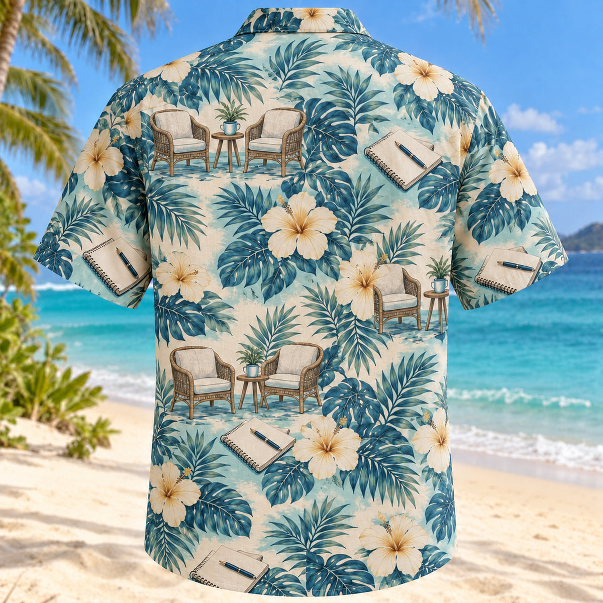 Back view of Conversation Garden Aqua Sand Clinical Psychologist Hawaiian Shirt with matching artwork in muted aqua, sand cream, deep teal
