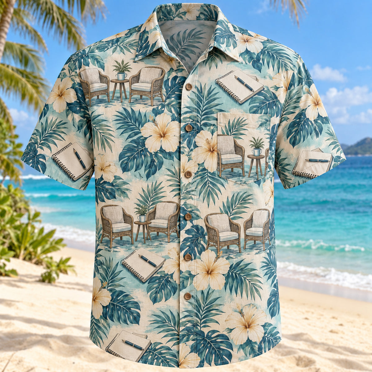 Front view of Conversation Garden Aqua Sand Clinical Psychologist Hawaiian Shirt with original two empty conversation chairs, blank notebooks and hibiscus