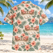 Back view of Conversation Garden Coral Sage Clinical Psychologist Hawaiian Shirt with matching artwork in soft coral, sage, cream