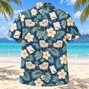 Back view of Conversation Garden Navy Cream Clinical Psychologist Hawaiian Shirt with matching artwork in navy, warm ivory, pale seafoam