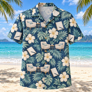 Front view of Conversation Garden Navy Cream Clinical Psychologist Hawaiian Shirt with original two empty conversation chairs, blank notebooks and hibiscus