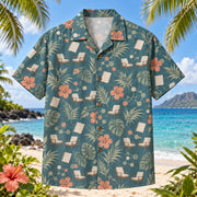Front view of Conversation Garden Clinical Psychologist Hawaiian Shirt with original pairs of empty conversation chairs, blank notebooks, abstract linked nodes and tropical hibiscus foliage