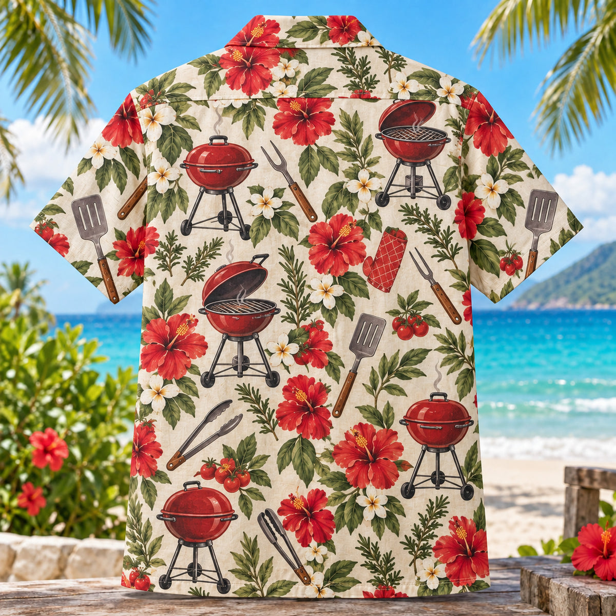 Back view of Cookout Garden BBQ Hawaiian Shirt with matching artwork in red, olive, cream