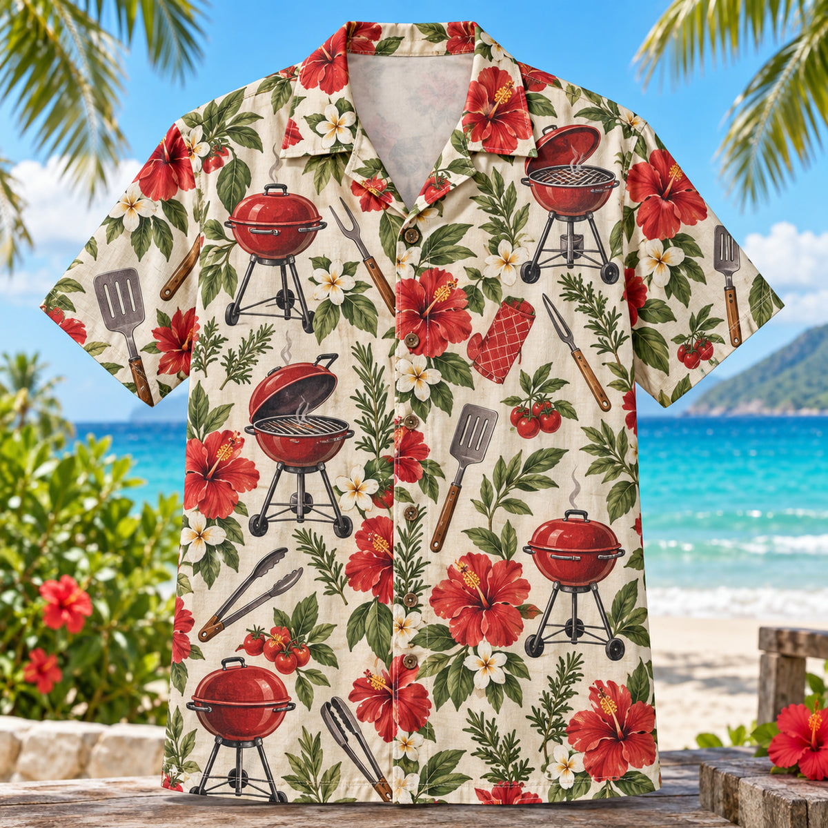 Front view of Cookout Garden BBQ Hawaiian Shirt with generic grills and cookout tools among garden flowers