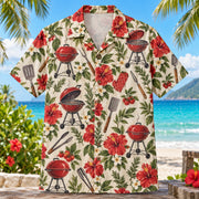 Front view of Cookout Garden BBQ Hawaiian Shirt with generic grills and cookout tools among garden flowers