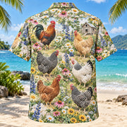 Back view of Coop Flower Field Chicken Hawaiian Shirt with matching artwork in cream, green, blush