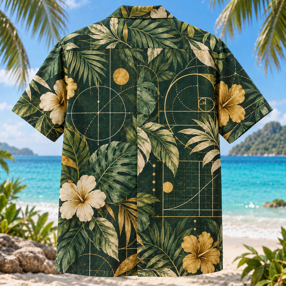 Back view of Coordinate Garden Mathematics Hawaiian Shirt with matching artwork in forest, gold, ivory
