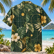 Back view of Coordinate Garden Mathematics Hawaiian Shirt with matching artwork in forest, gold, ivory