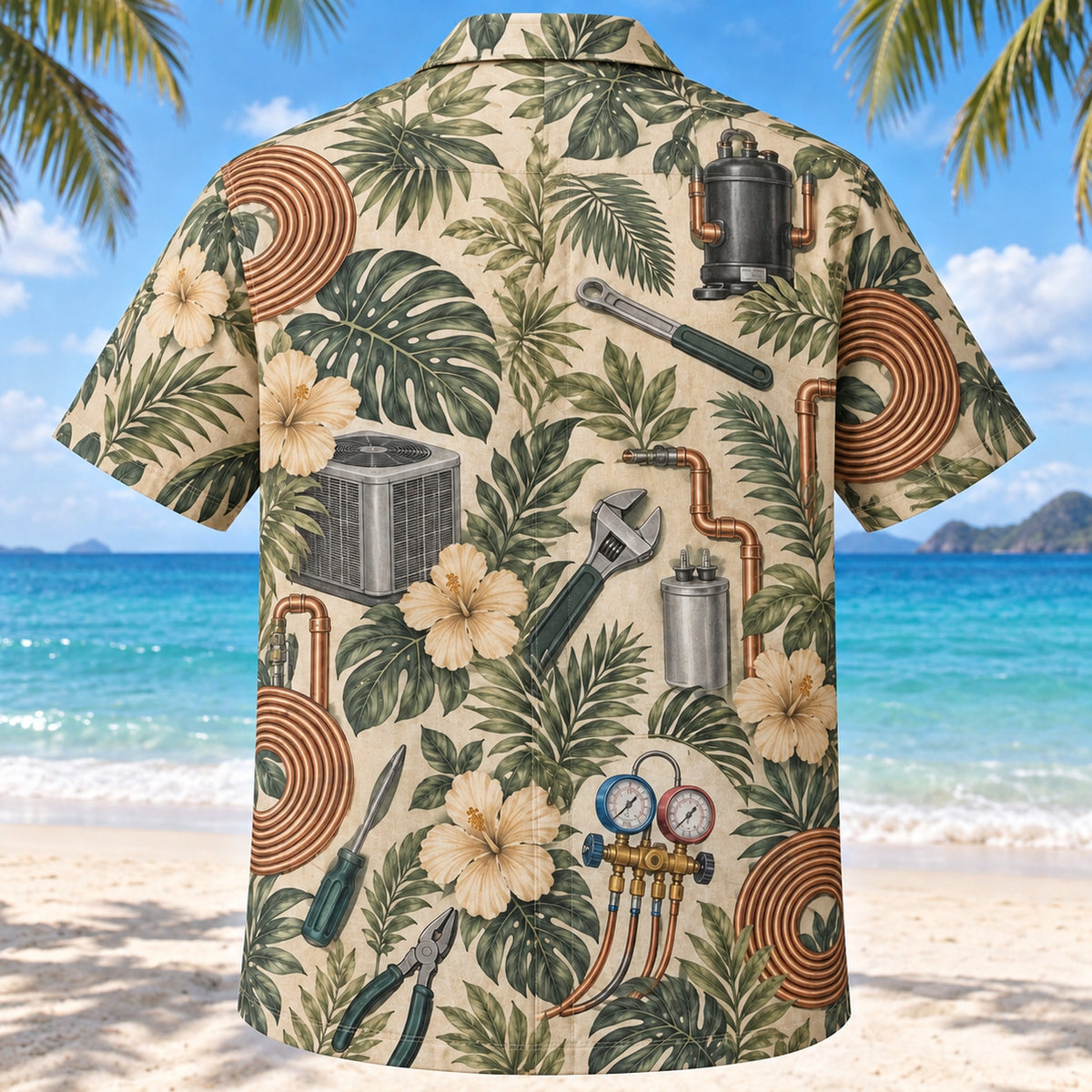 Back view of Copper Coil HVAC Hawaiian Shirt with matching artwork in sage, sand, charcoal