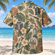 Back view of Copper Coil HVAC Hawaiian Shirt with matching artwork in sage, sand, charcoal