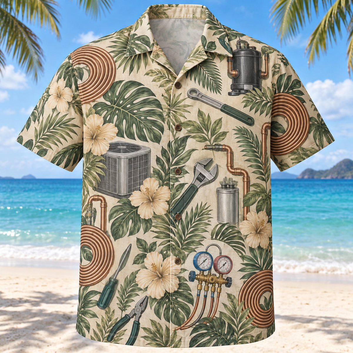 Front view of Copper Coil HVAC Hawaiian Shirt with original copper coil motifs, with tropical botanical accents; no text or branded equipment
