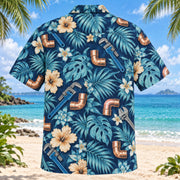 Back view of Copper Elbow Plumber Hawaiian Shirt with matching artwork in indigo, aqua, tan