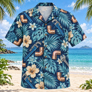 Front view of Copper Elbow Plumber Hawaiian Shirt with original copper elbow motifs, with tropical botanical accents; no text or branded equipment