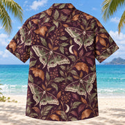Back view of Copper Moth Adult Halloween Hawaiian Shirt with matching artwork in plum, sage, ivory