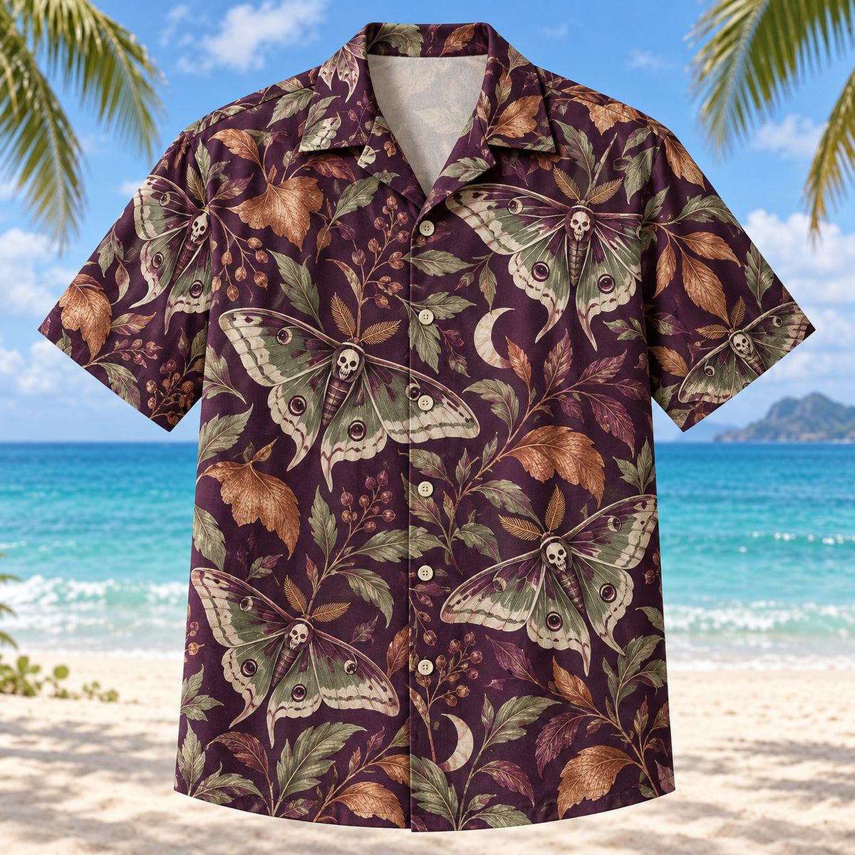 Front view of Copper Moth Adult Halloween Hawaiian Shirt with original, text-free illustrations of large original moths and copper-toned leaves